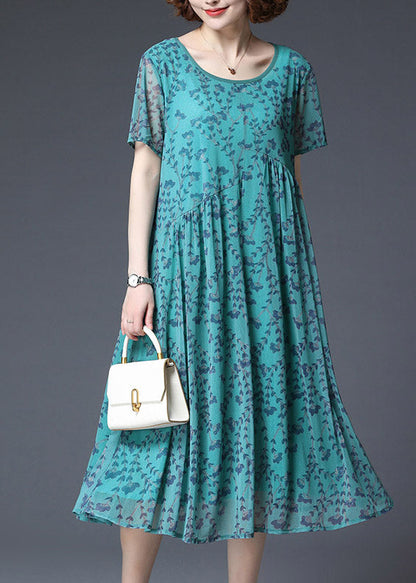Loose Green O-neck Print Chiffon Long Dress Short Sleeve