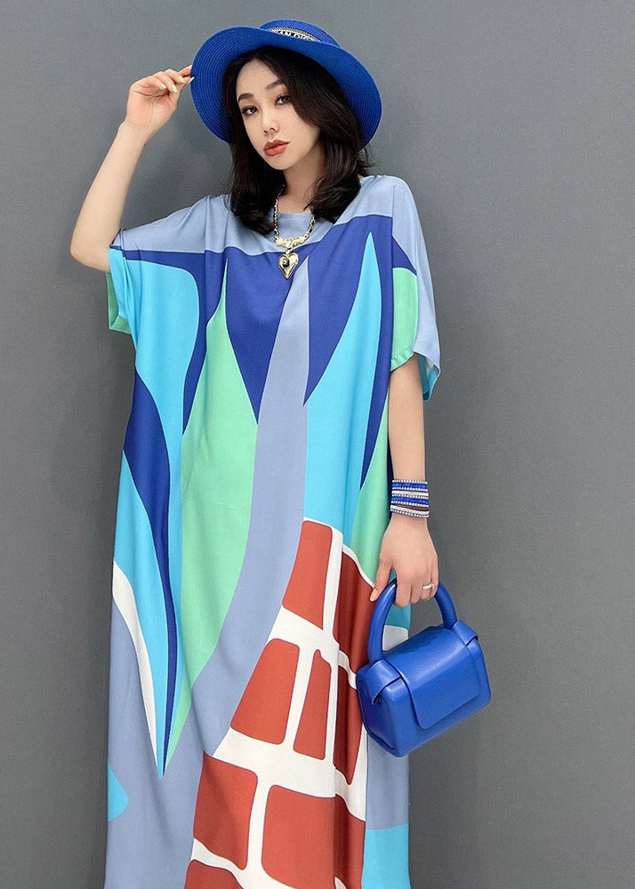 Loose Green O-neck Print Long Dress Short Sleeve