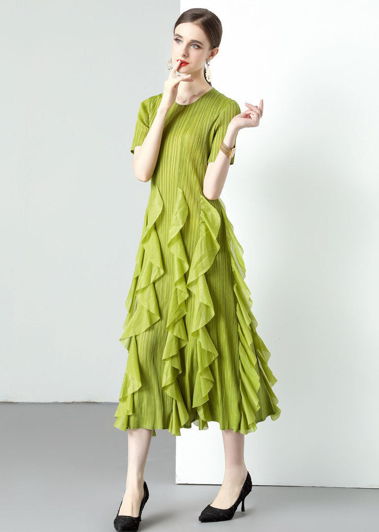 Loose Green O-neck Ruffled Patchwork Chiffon Long Dresses Summer