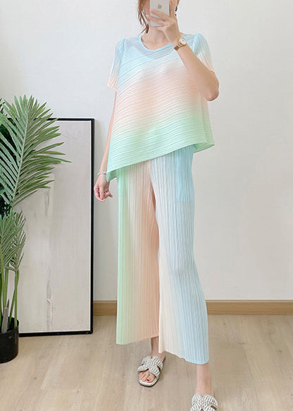 Loose Green O-neck Striped Top and Pants Silk Two Piece Set Summer