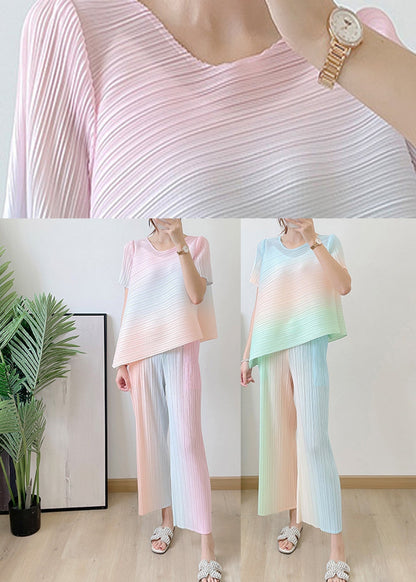 Loose Green O-neck Striped Top and Pants Silk Two Piece Set Summer