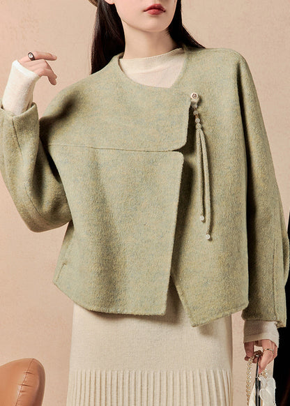 Loose Green O-neck Tasseled Woolen Coats Winter