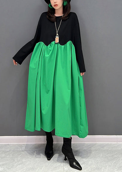 Loose Green O-neck Wrinkled Patchwork Maxi Dresses Winter
