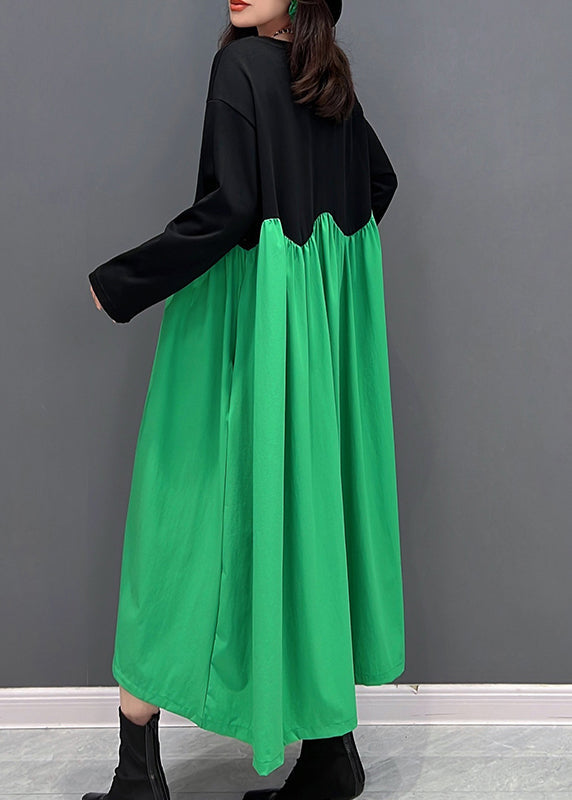 Loose Green O-neck Wrinkled Patchwork Maxi Dresses Winter