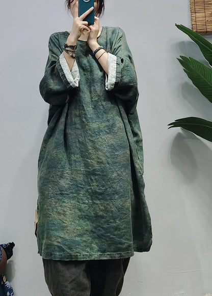 Loose Green O-neck Side Open Linen Dresses Caftan Long Sleeve