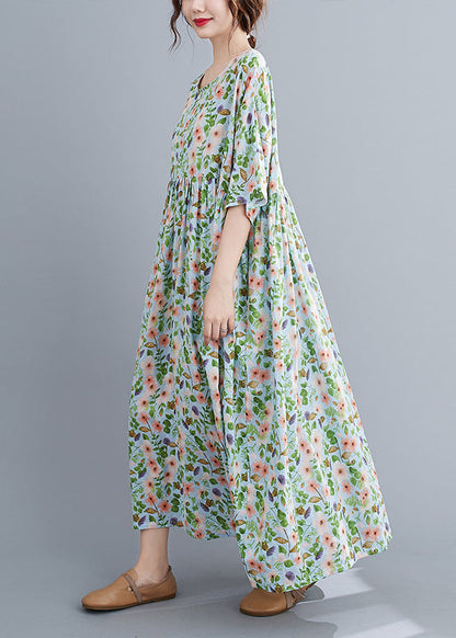 Loose Green O-neck Wrinkled Print Long Dress Short Sleeve