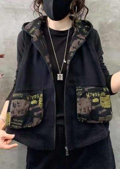 Loose Green Patchwork Hooded Waistcoat Fall