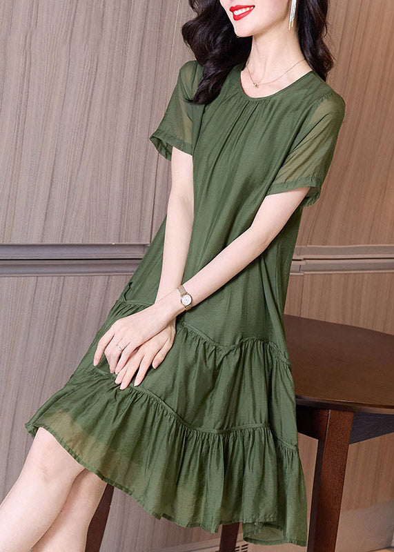 Loose Green Patchwork Wrinkled Mid Dresses Summer