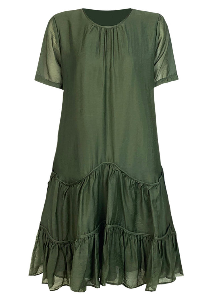 Loose Green Patchwork Wrinkled Mid Dresses Summer