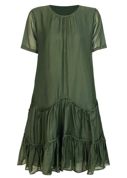 Loose Green Patchwork Wrinkled Mid Dresses Summer