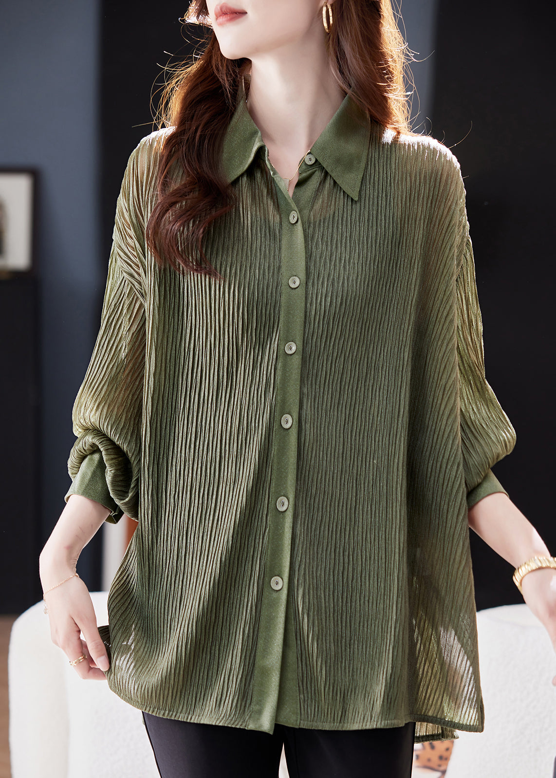 Loose Green Peter Pan Collar Button Chiffon Blouse Tops Spring
