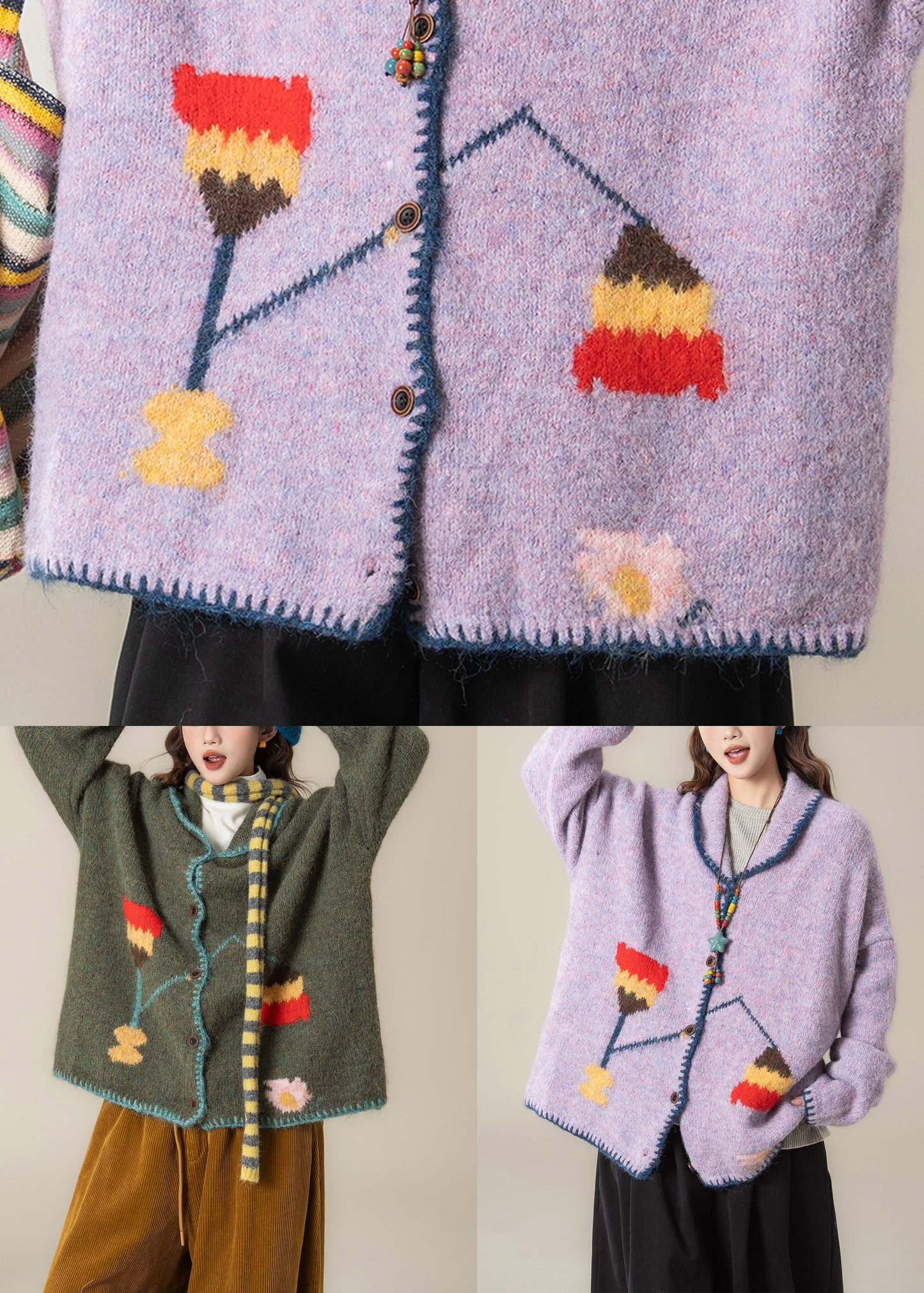 Loose Green Peter Pan Collar Button Knit Coat Spring