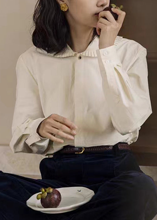 Loose Green Peter Pan Collar Button Cotton Blouses Fall