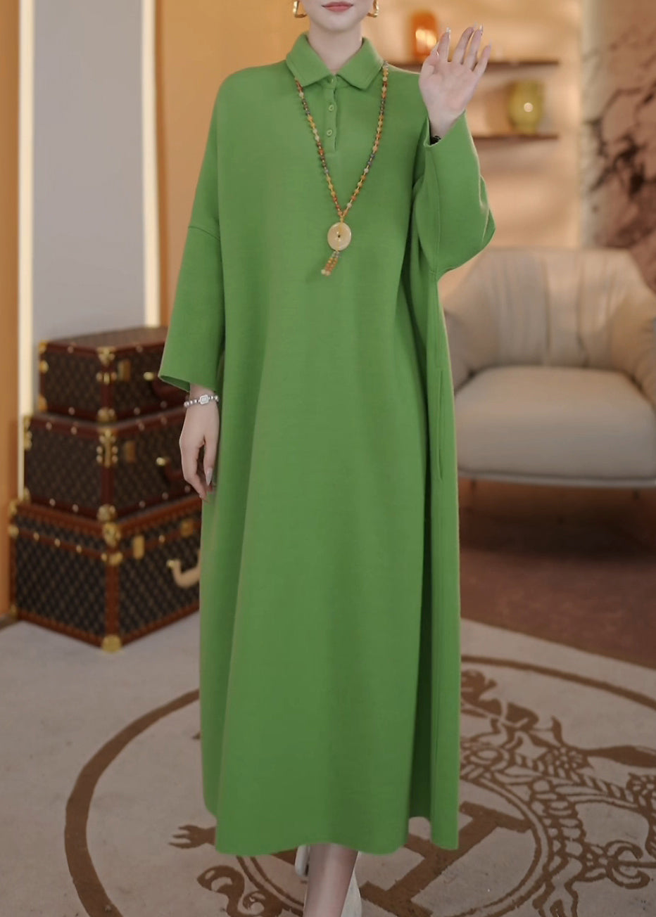Loose Green Peter Pan Collar Button Thick Long Dresses Spring