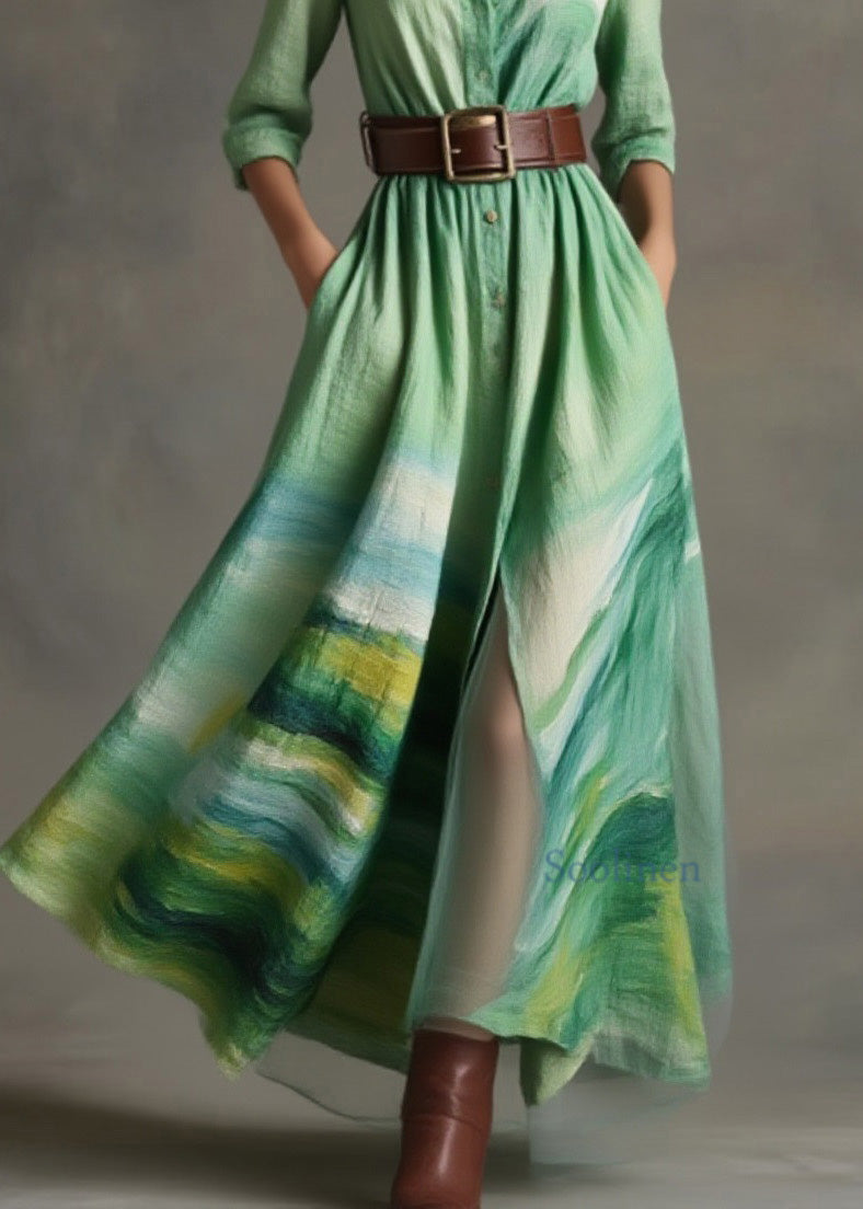 Loose Green Peter Pan Collar Print Cotton Long Dress Spring