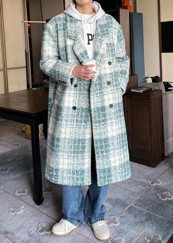 Loose Green Plaid Button Pockets Woolen Coat Winter