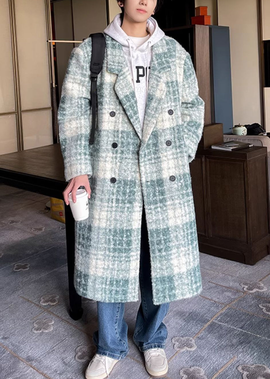 Loose Green Plaid Button Pockets Woolen Coat Winter