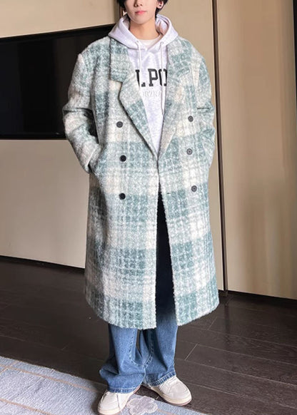 Loose Green Plaid Button Pockets Woolen Coat Winter