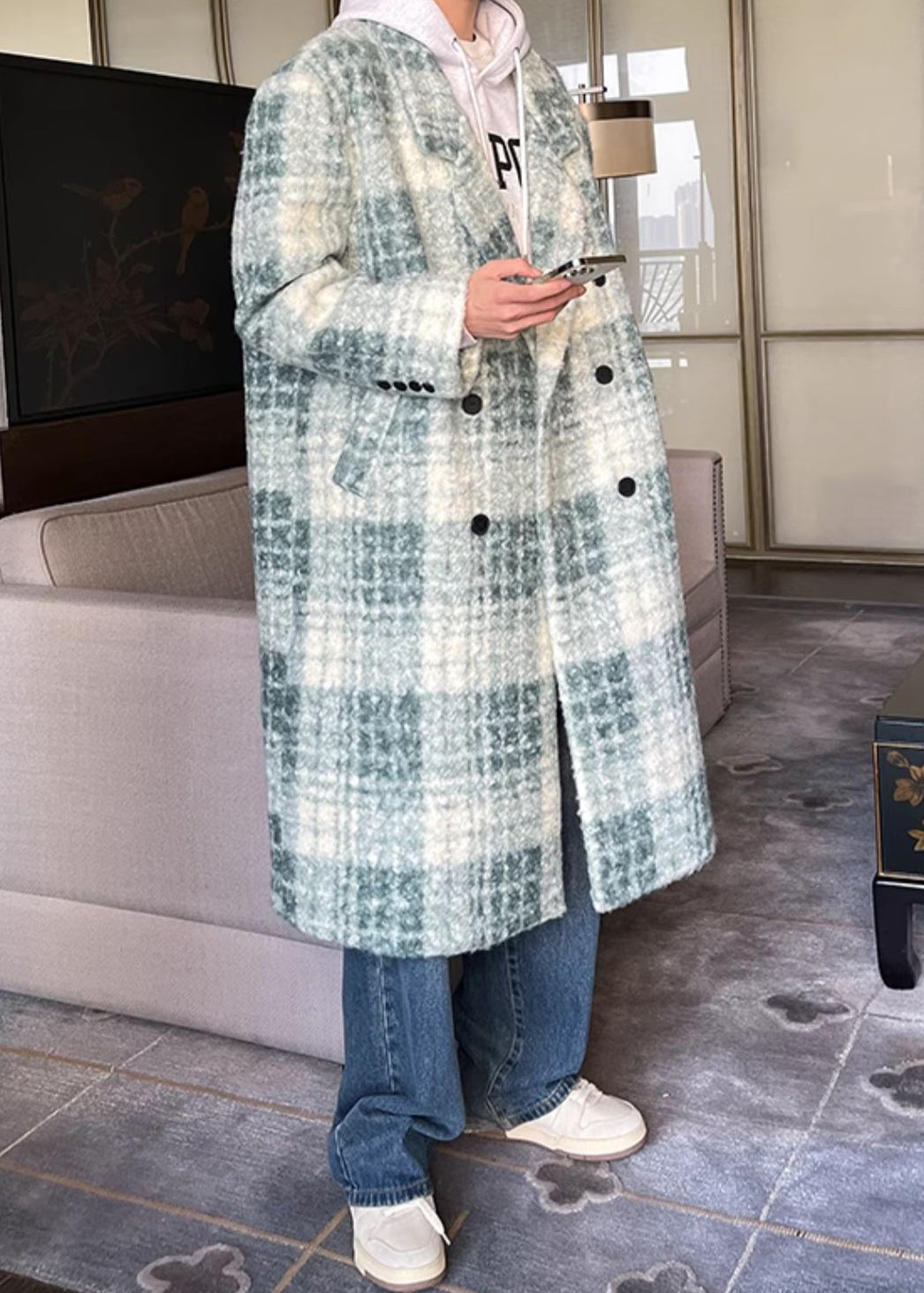 Loose Green Plaid Button Pockets Woolen Coat Winter