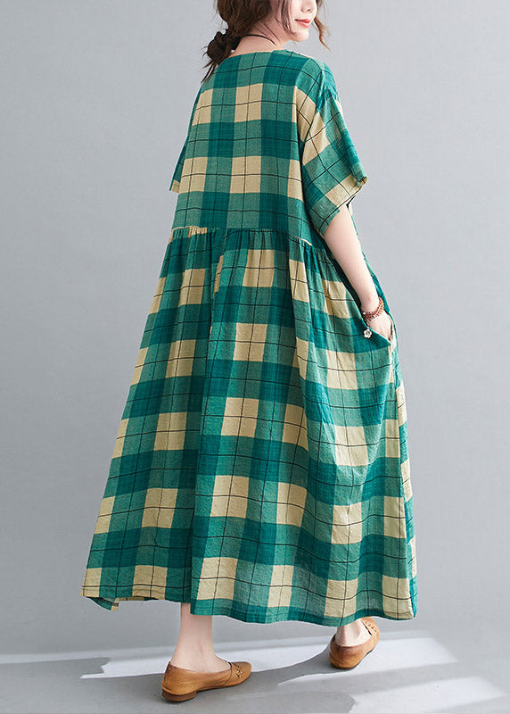 Loose Green Plaid Wrinkled Patchwork Long Dresses Summer