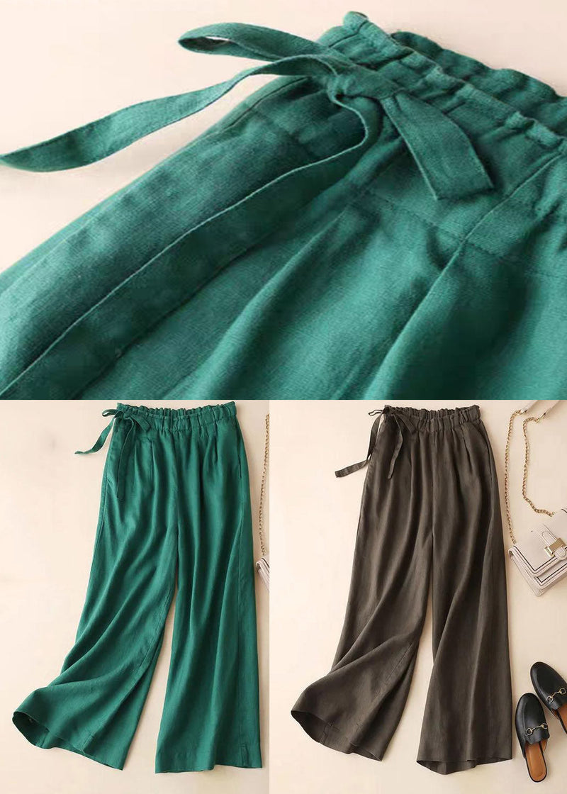 Loose Green Pockets Drawstring Linen Straight Pants Summer