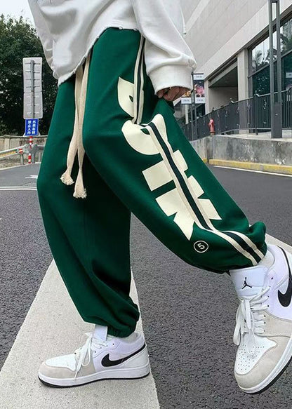 Loose Green Print Elastic Waist Cotton Pants Spring