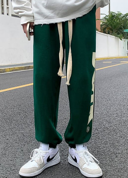 Loose Green Print Elastic Waist Cotton Pants Spring