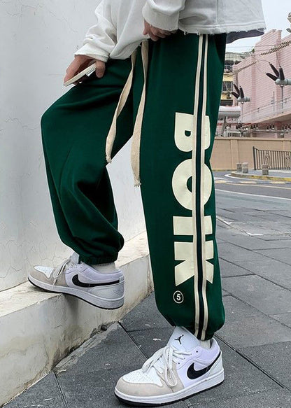 Loose Green Print Elastic Waist Cotton Pants Spring
