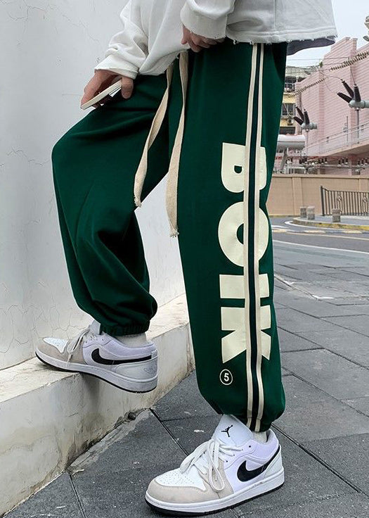 Loose Green Print Elastic Waist Cotton Pants Spring