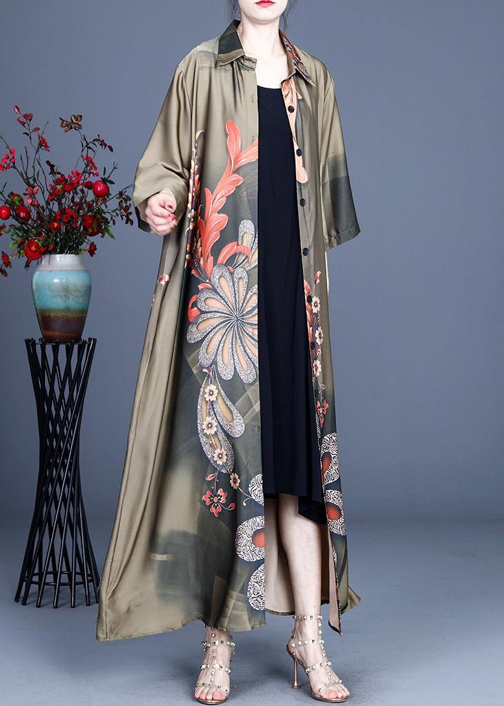 Loose Green Print Spring Long Sleeve Long Loose Coat