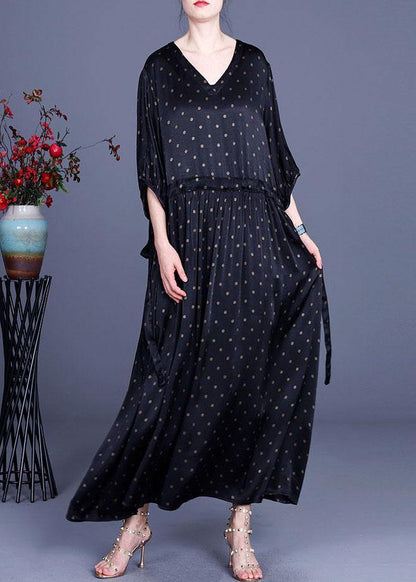 Loose Green Print Tie Waist Summer O-neck Long Dress