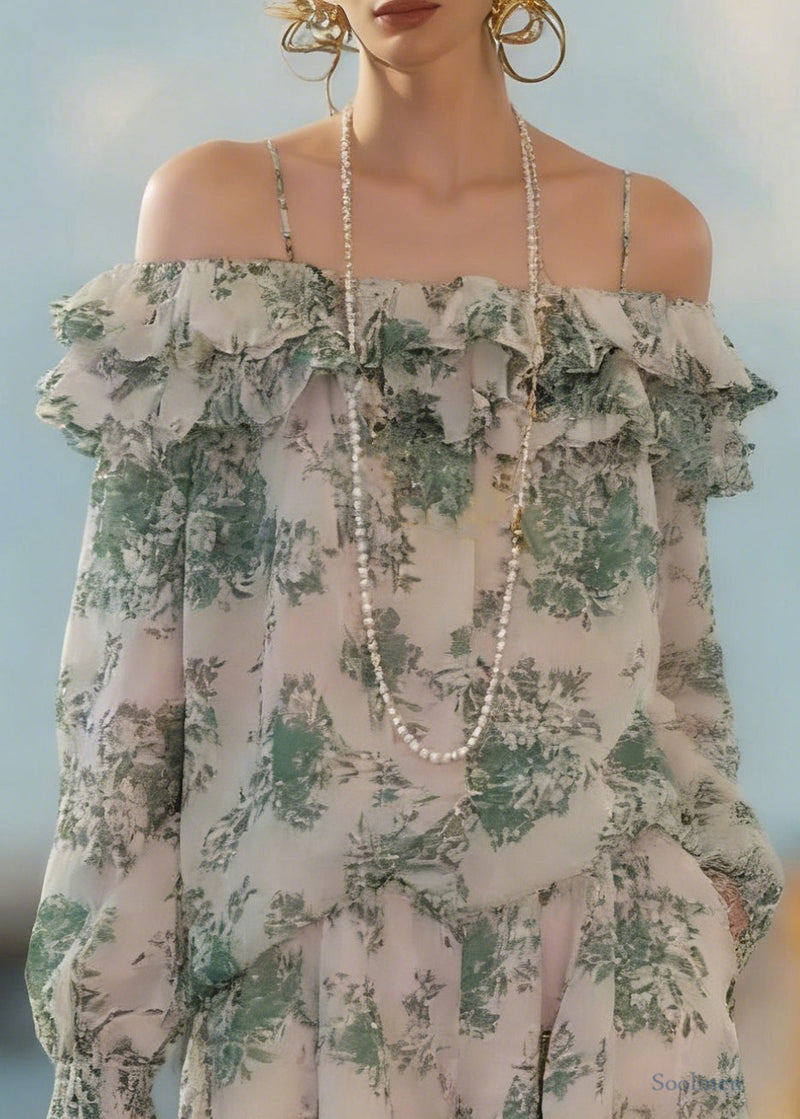 Loose Green Ruffled Print Shirts and Shorts Chiffon Two Pieces Set Summer