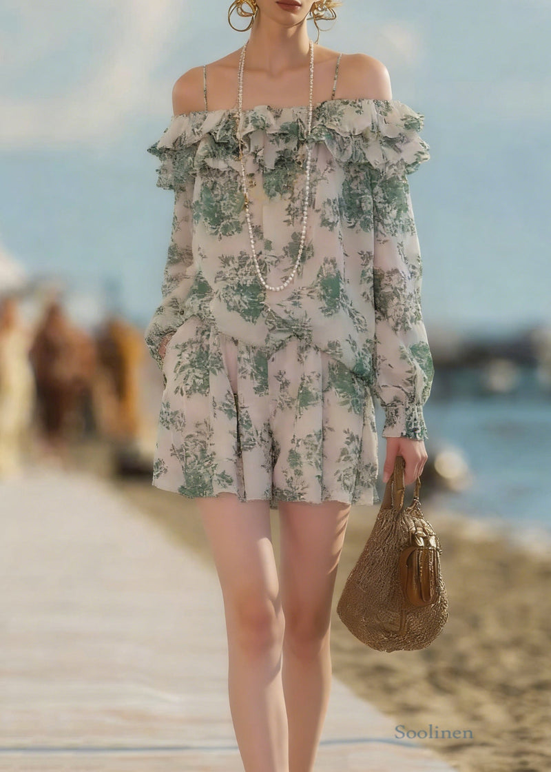 Loose Green Ruffled Print Shirts and Shorts Chiffon Two Pieces Set Summer