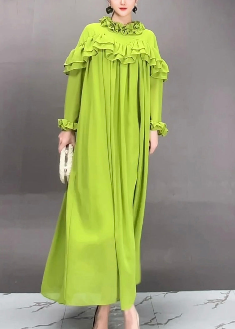 Loose Green Ruffled Chiffon Long Dress Fall