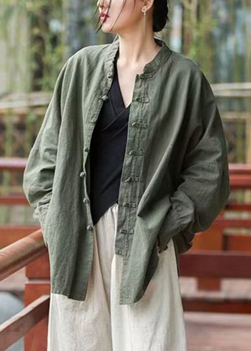 Loose Green Button Cotton Coats Long Sleeve