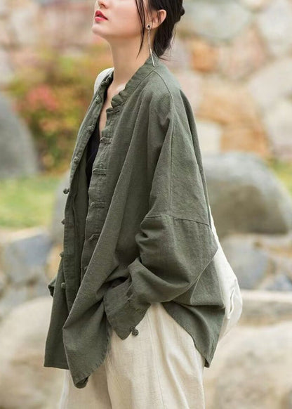 Loose Green Button Cotton Coats Long Sleeve