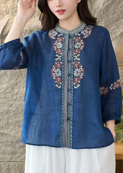 Loose Green Stand Collar Embroidered Linen Tops Bracelet Sleeve