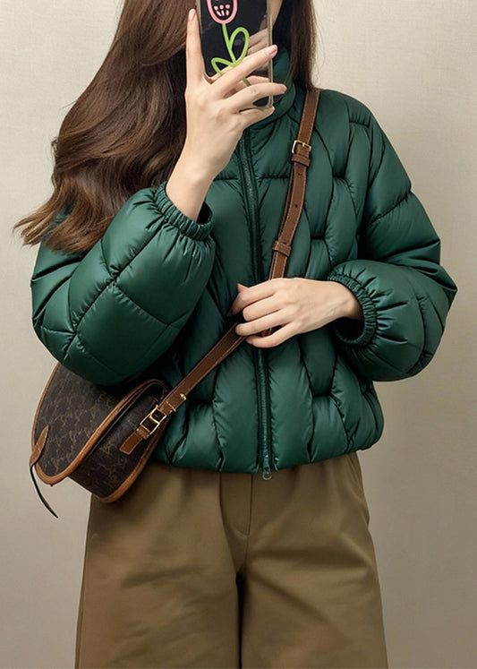 Loose Green Stand Collar Zip Up Fine Cotton Filled Parkas Winter