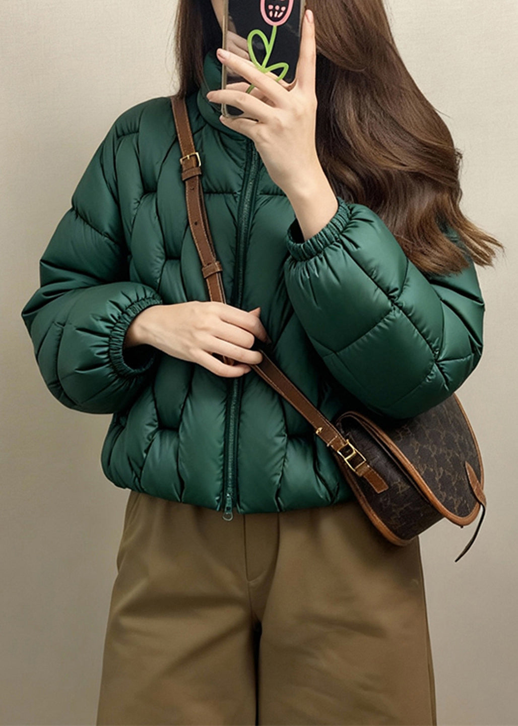 Loose Green Stand Collar Zip Up Fine Cotton Filled Parkas Winter