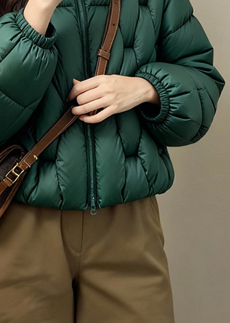 Loose Green Stand Collar Zip Up Fine Cotton Filled Parkas Winter