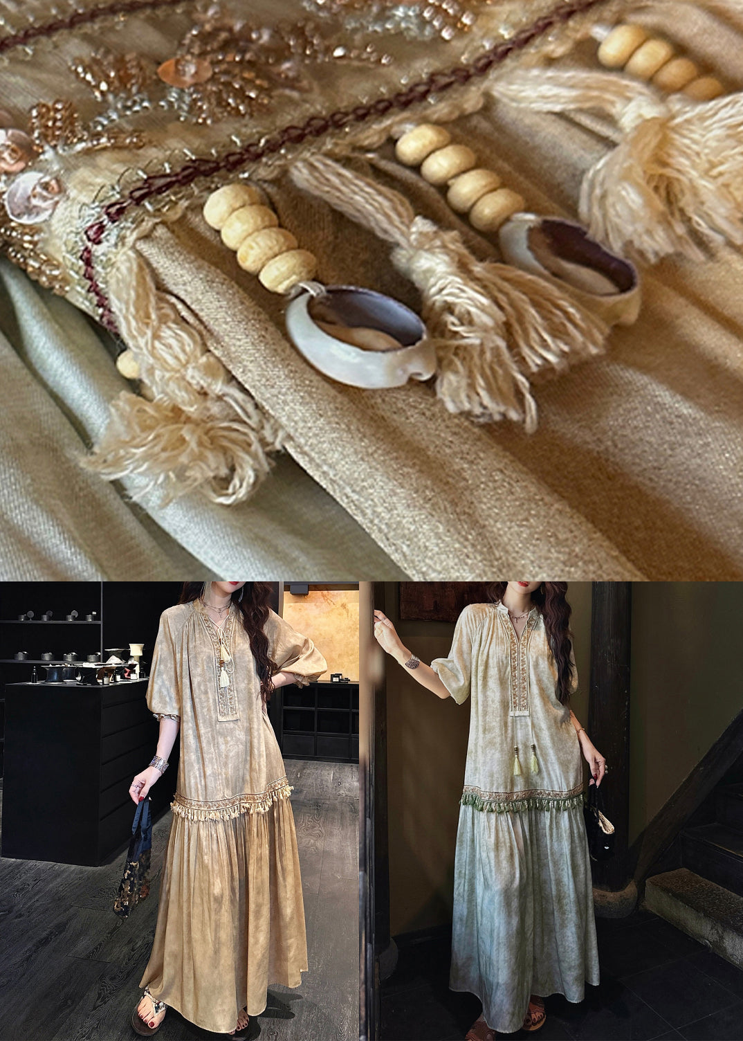 Loose Green Tasseled Silk Long Dresses Butterfly Sleeve