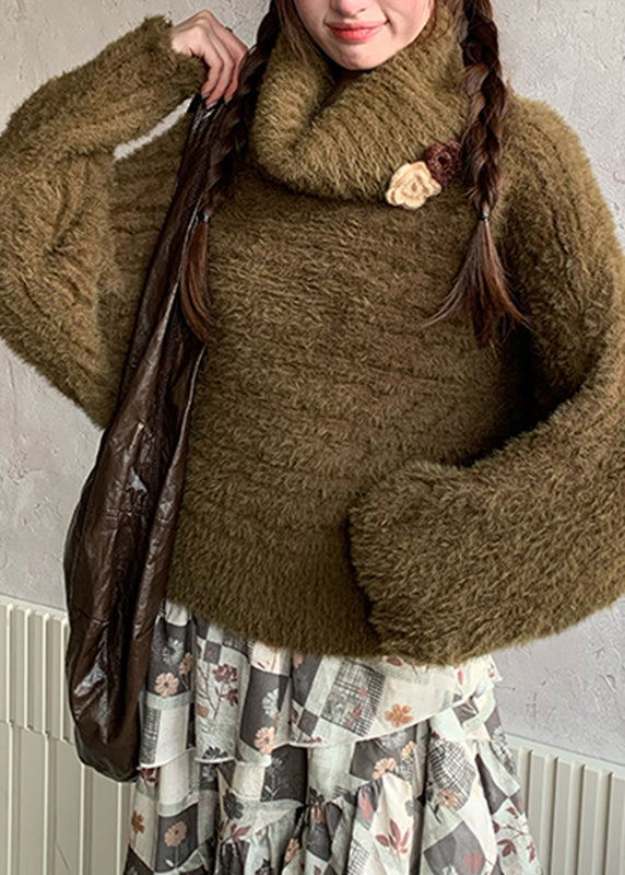 Loose Green Turtleneck Cozy Cotton Knit Sweaters Fall
