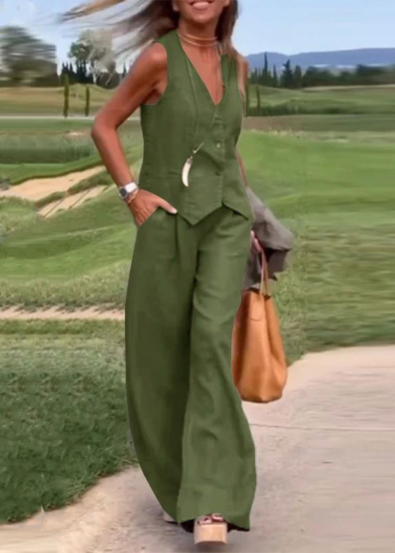 Loose Green V Neck Button Waistcoat and Pants Linen Two Piece Set Sleeveless