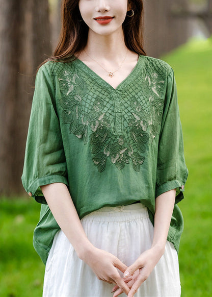 Loose Green V Neck Embroideried Patchwork Cotton T Shirt Half Sleeve
