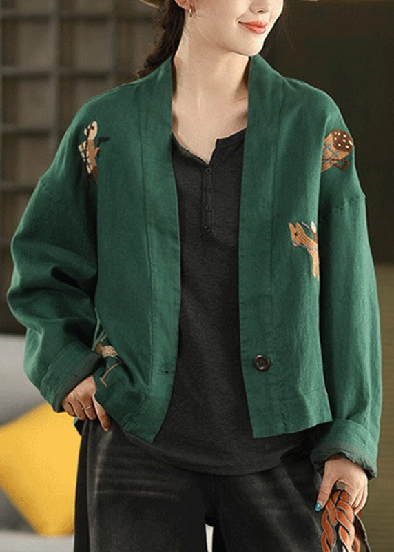 Loose Green V Neck Coats Long Sleeve