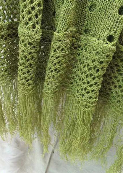 Loose Green V Neck Tasseled Hollow Out Knit Dress Summer