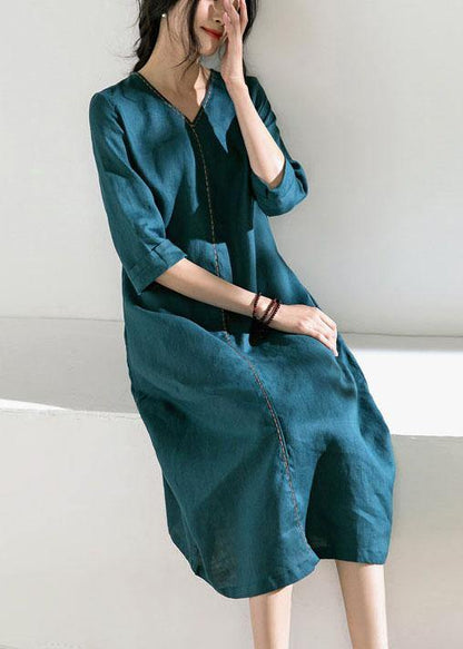 Loose Green V Necktie Waist a Line Summer Ramie Vacation Dresses