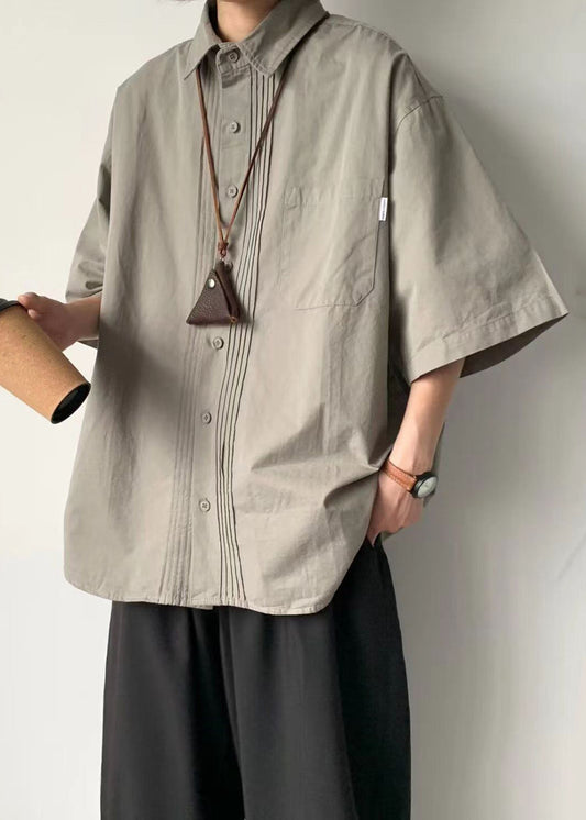 Loose Grey Button Button Cotton Shirt Half Sleeve