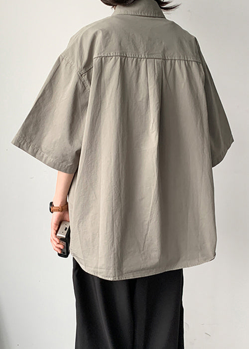 Loose Grey Button Button Cotton Shirt Half Sleeve