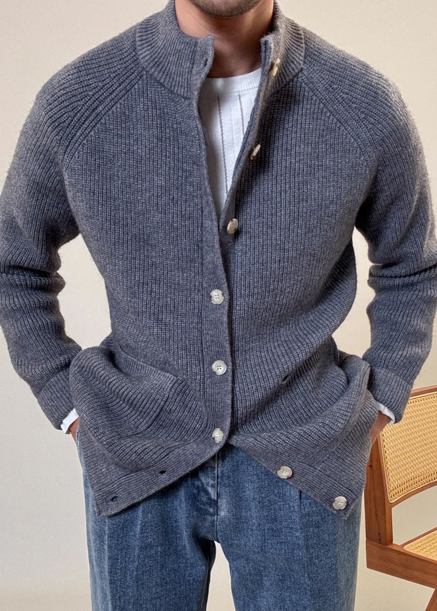Loose Grey Button Pockets Cozy Cotton Knit Coats